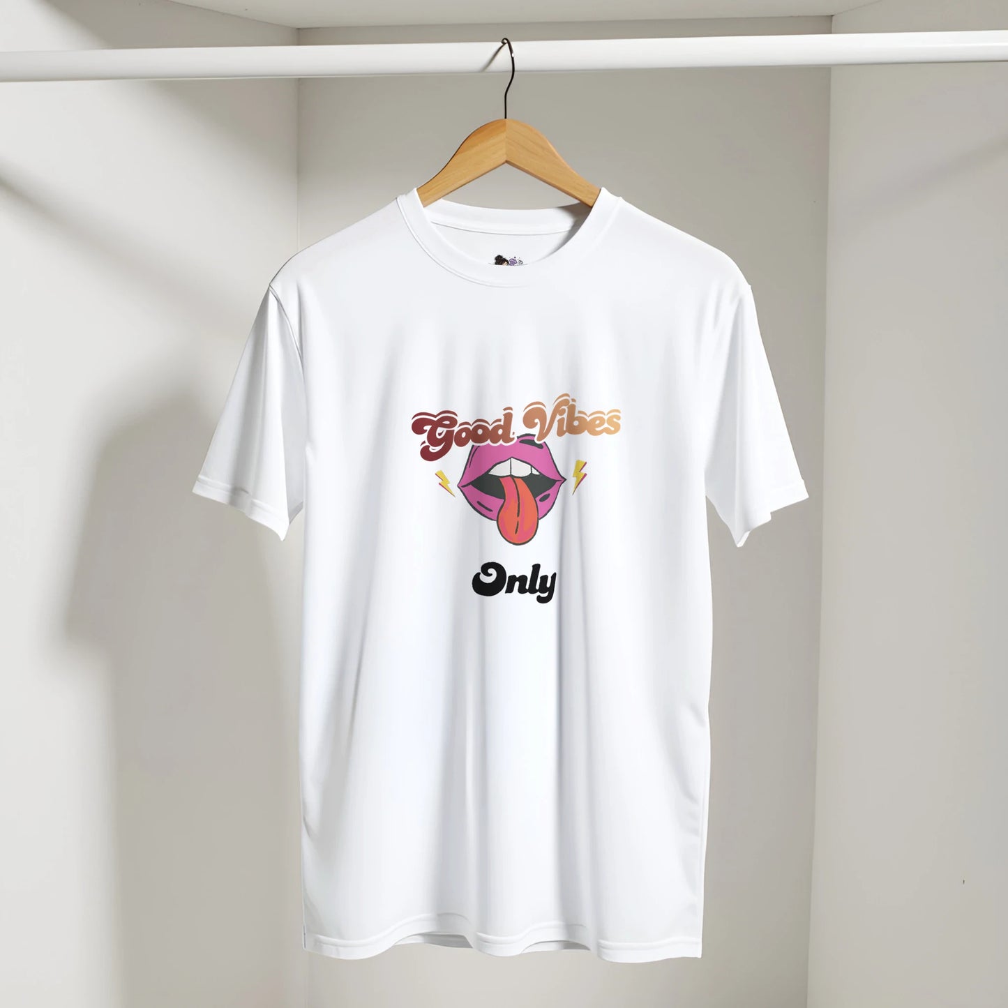 Good Vibes Only punk t-shirt featuring retro 70s inspired graphic artwork with colourful vintage design.
