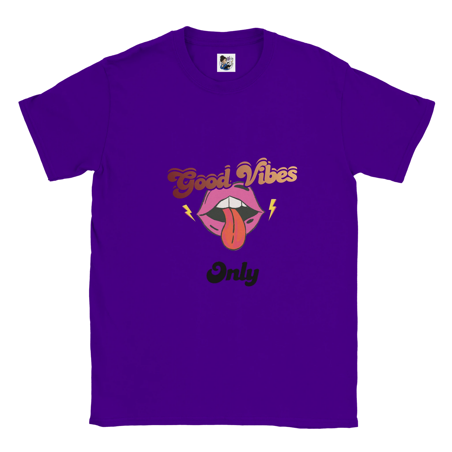 Good Vibes Only punk t-shirt featuring retro 70s inspired graphic artwork with colourful vintage design.