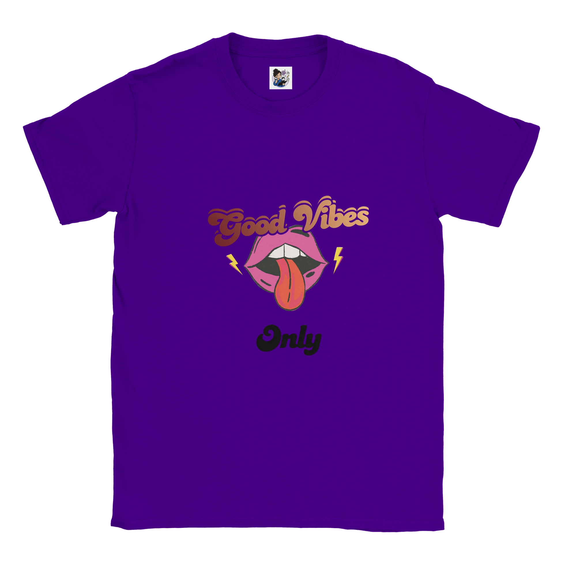 Good Vibes Only punk t-shirt featuring retro 70s inspired graphic artwork with colourful vintage design.