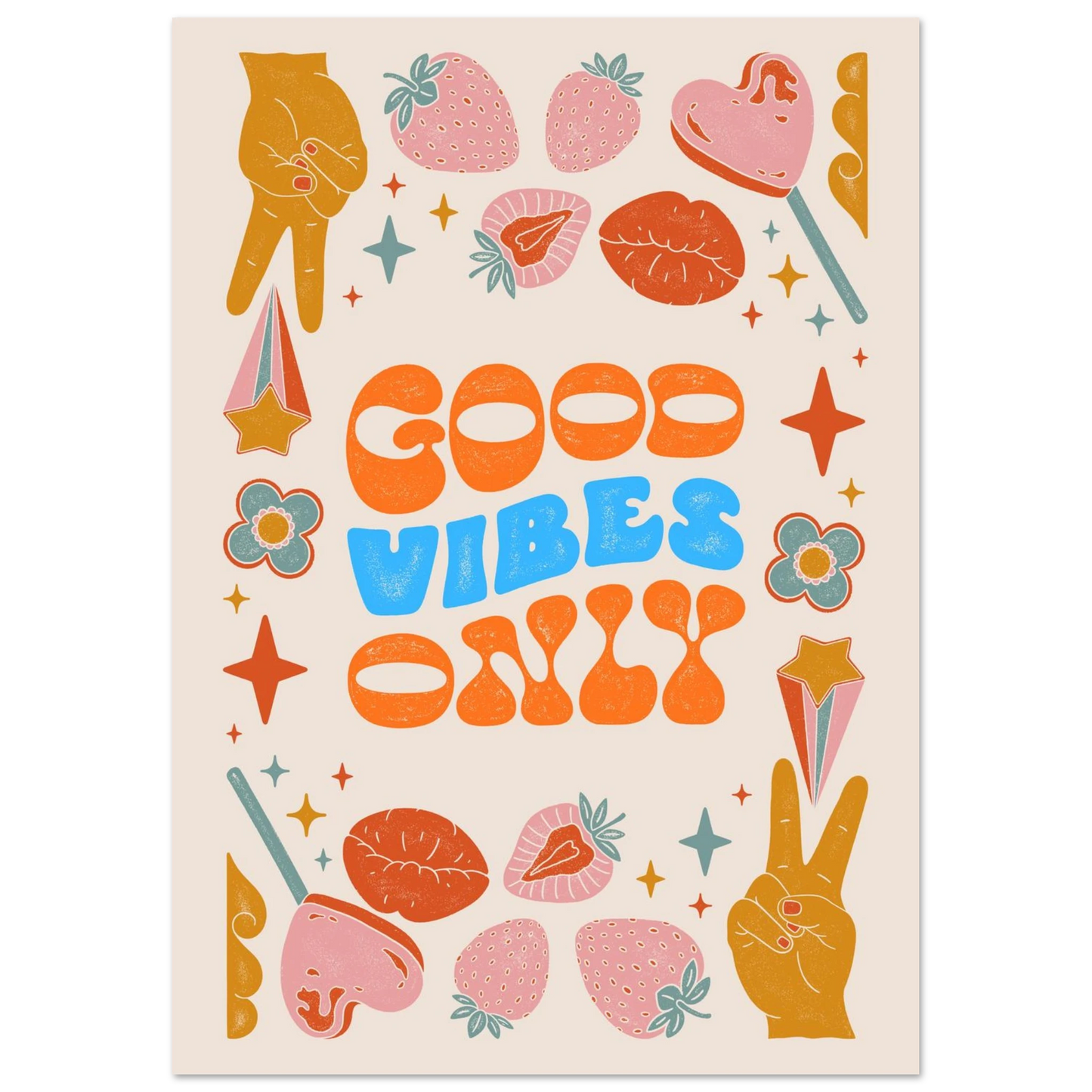 Good Vibes Only A2 poster with colourful inspirational artwork for bedroom, office, and gallery wall decor.