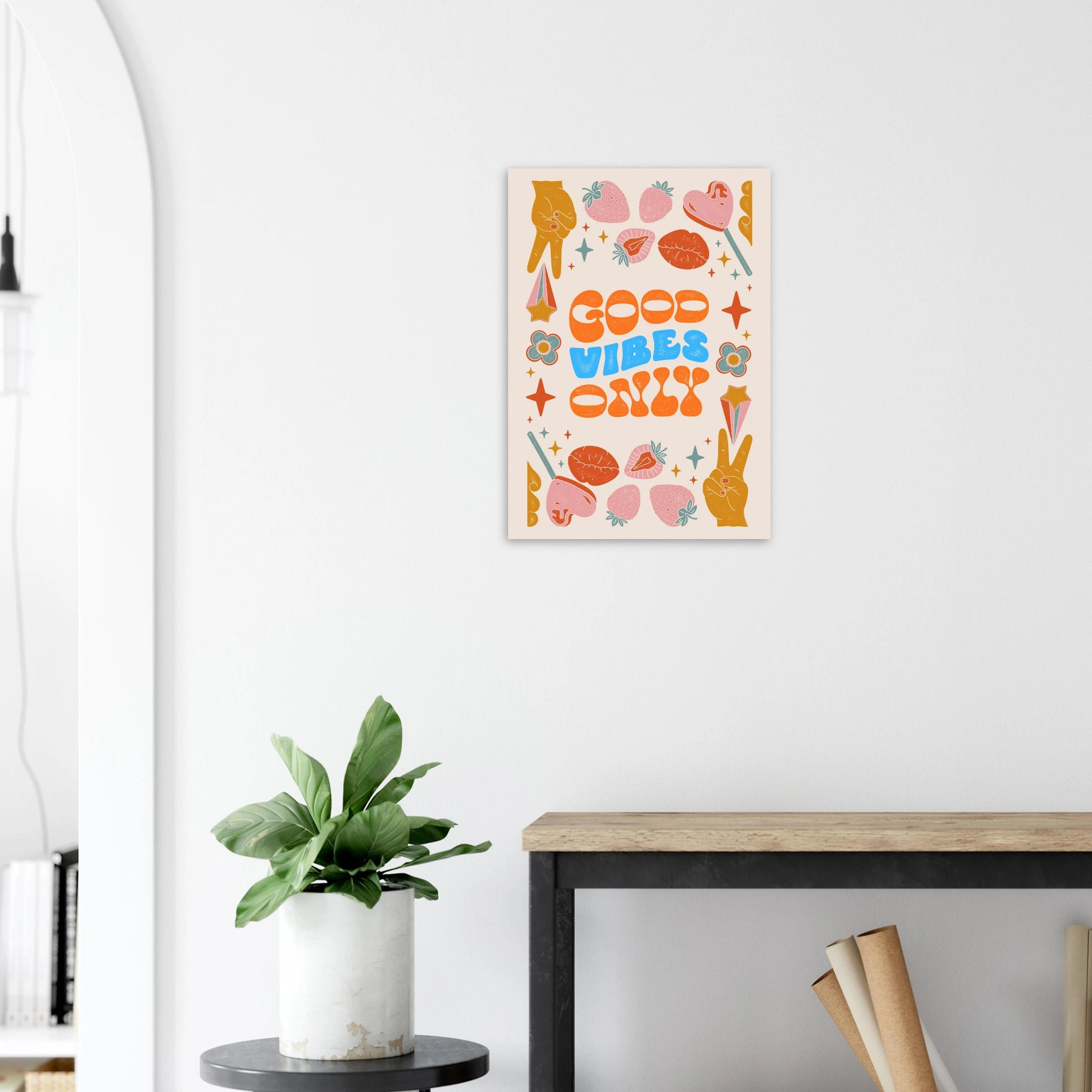 Good Vibes Only A2 poster with colourful inspirational artwork for bedroom, office, and gallery wall decor.