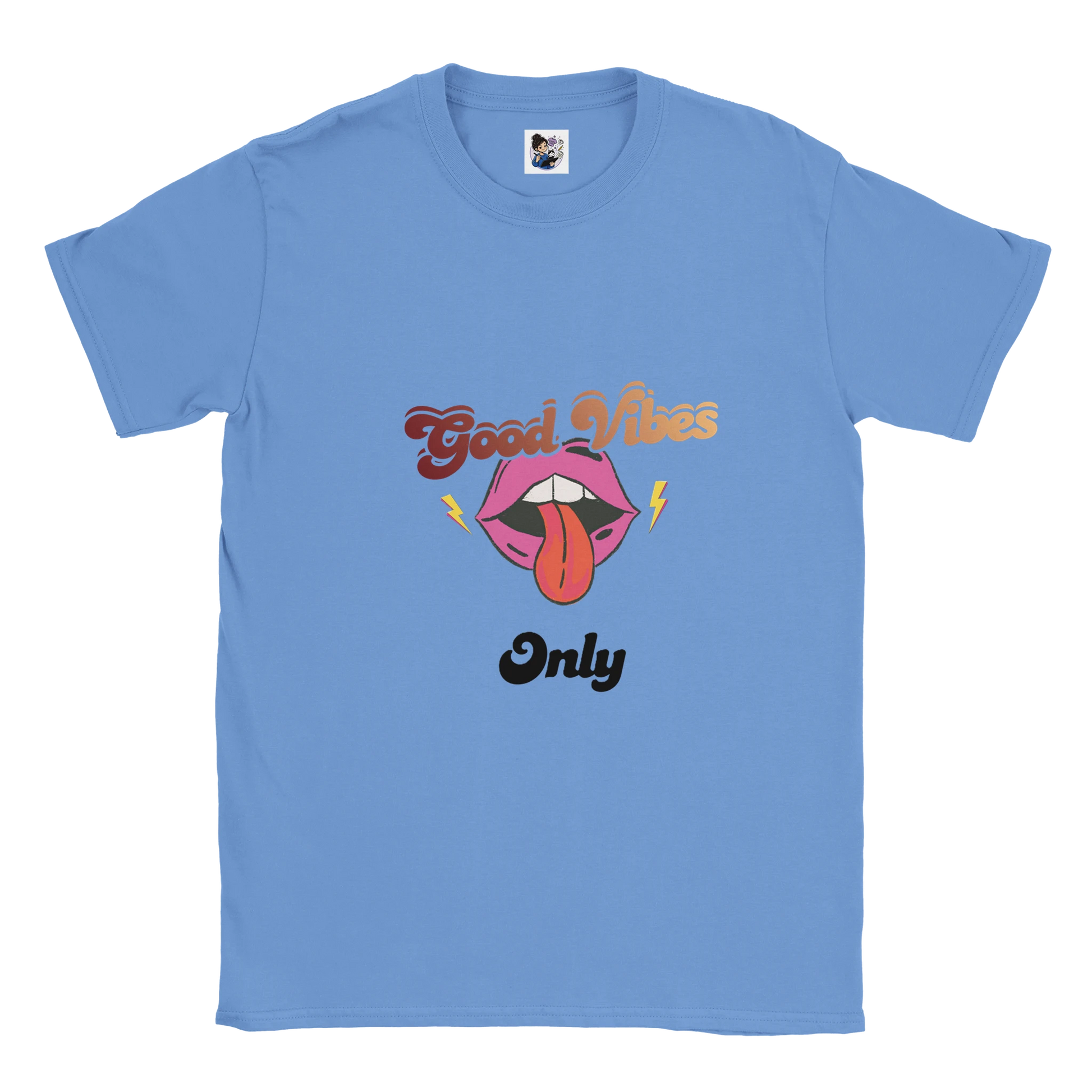 Good Vibes Only punk t-shirt featuring retro 70s inspired graphic artwork with colourful vintage design.