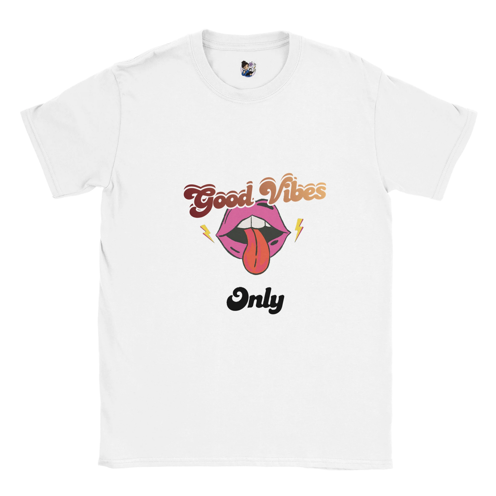 Good Vibes Only punk t-shirt featuring retro 70s inspired graphic artwork with colourful vintage design.
