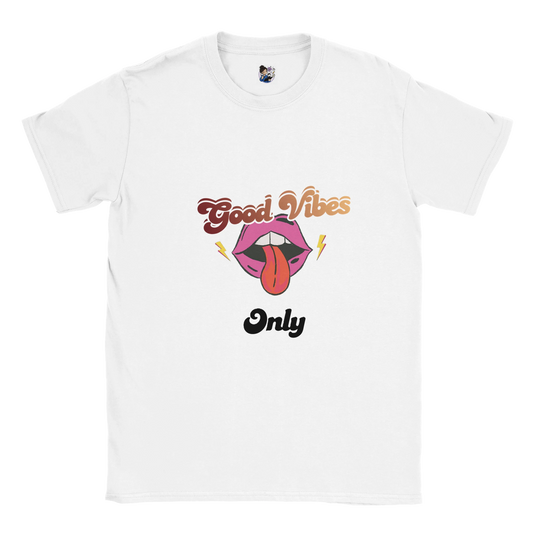 Good Vibes Only punk t-shirt featuring retro 70s inspired graphic artwork with colourful vintage design.