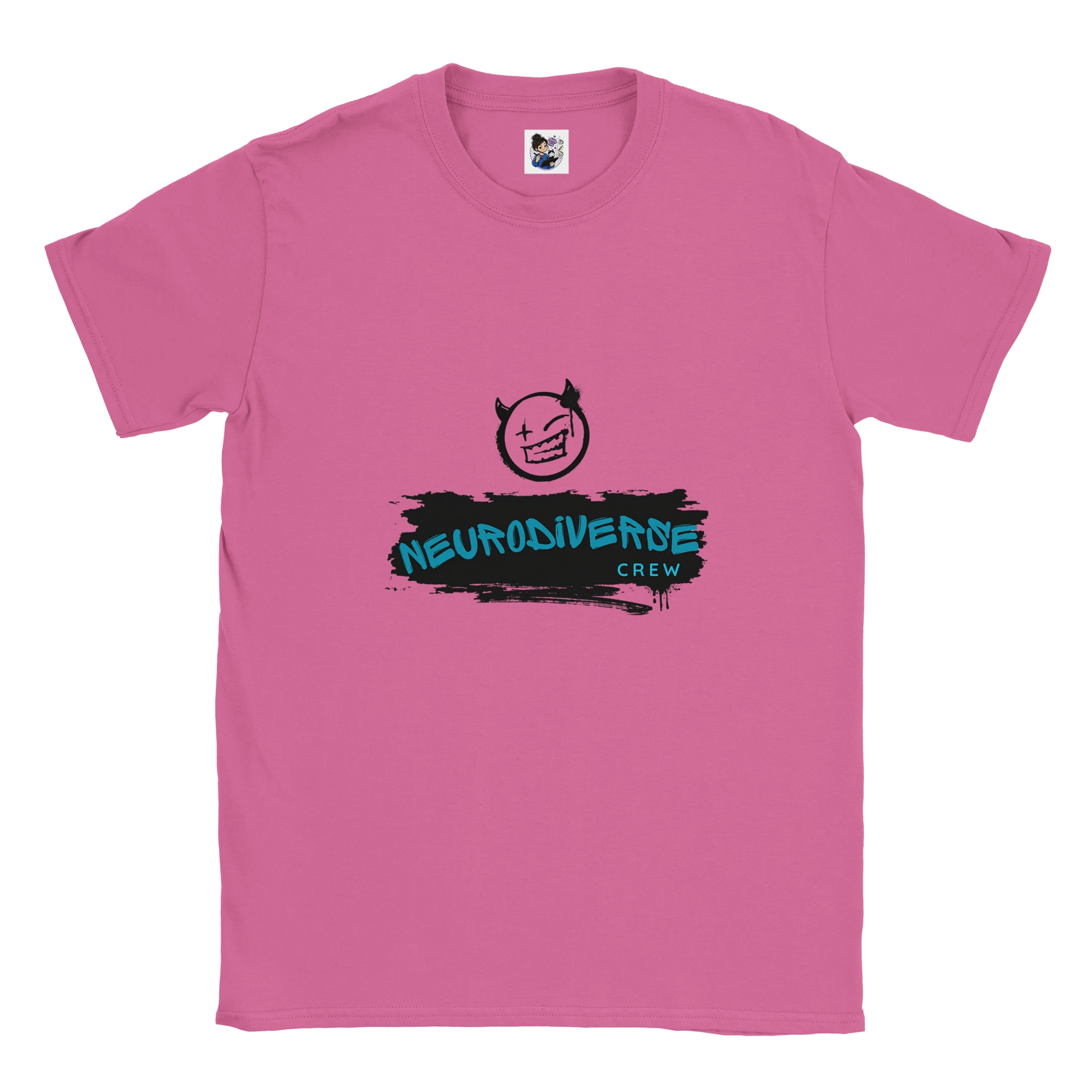 Neurodiverse Crew t-shirt featuring a graffiti-style design celebrating neurodiversity, inclusion, and neurodivergent pride.
