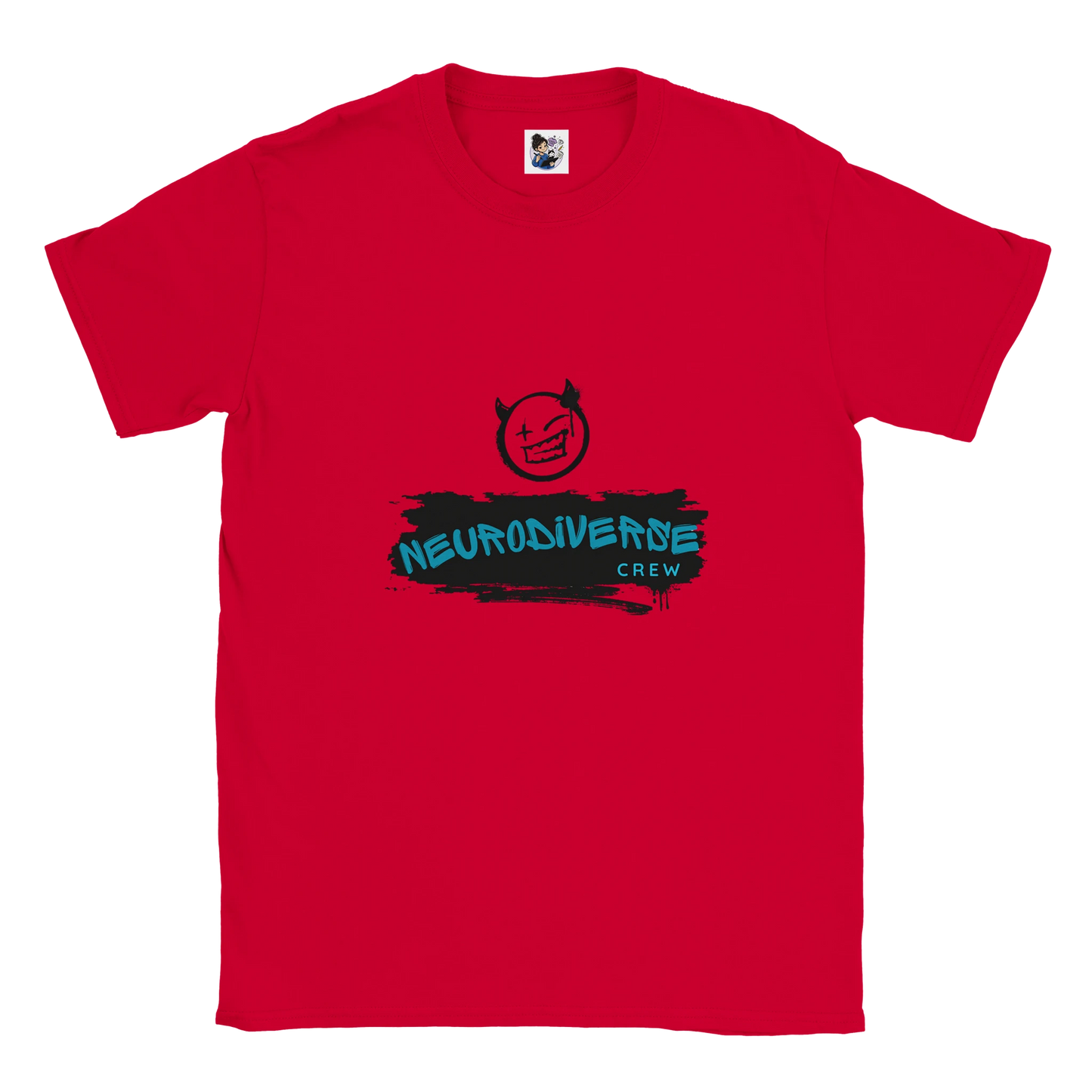 Neurodiverse Crew t-shirt featuring a graffiti-style design celebrating neurodiversity, inclusion, and neurodivergent pride.