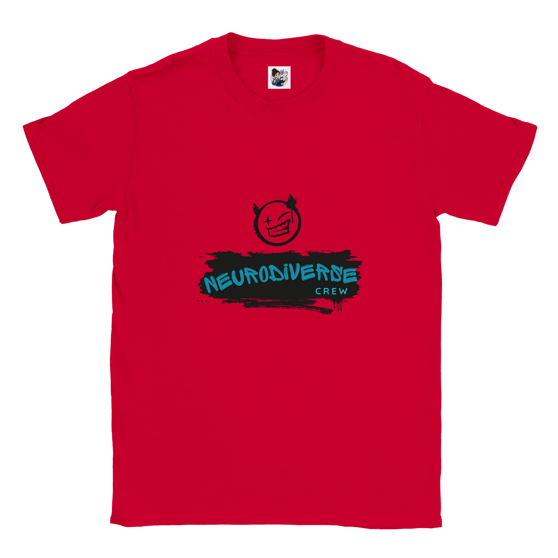 Neurodiverse Crew t-shirt featuring a graffiti-style design celebrating neurodiversity, inclusion, and neurodivergent pride.