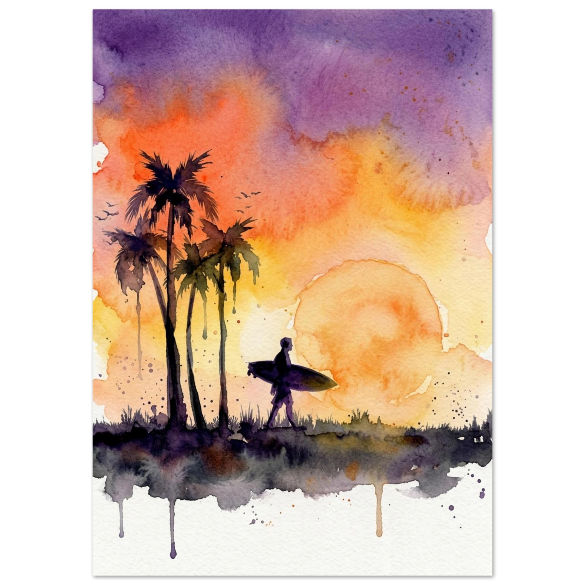Large beach sunset art print featuring a surfer by the ocean with vibrant colours and peaceful coastal scenery.