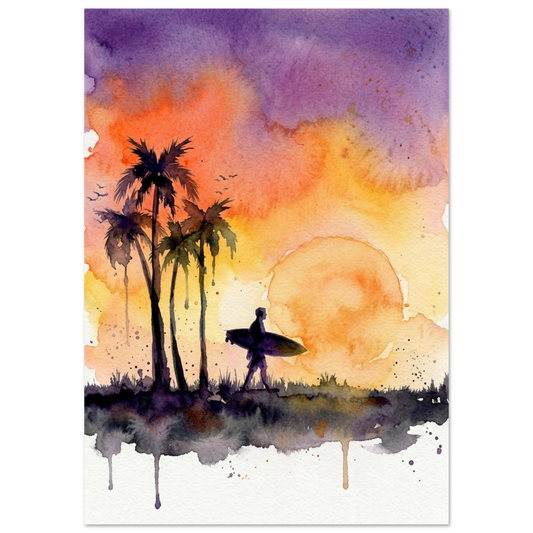 Large beach sunset art print featuring a surfer by the ocean with vibrant colours and peaceful coastal scenery.