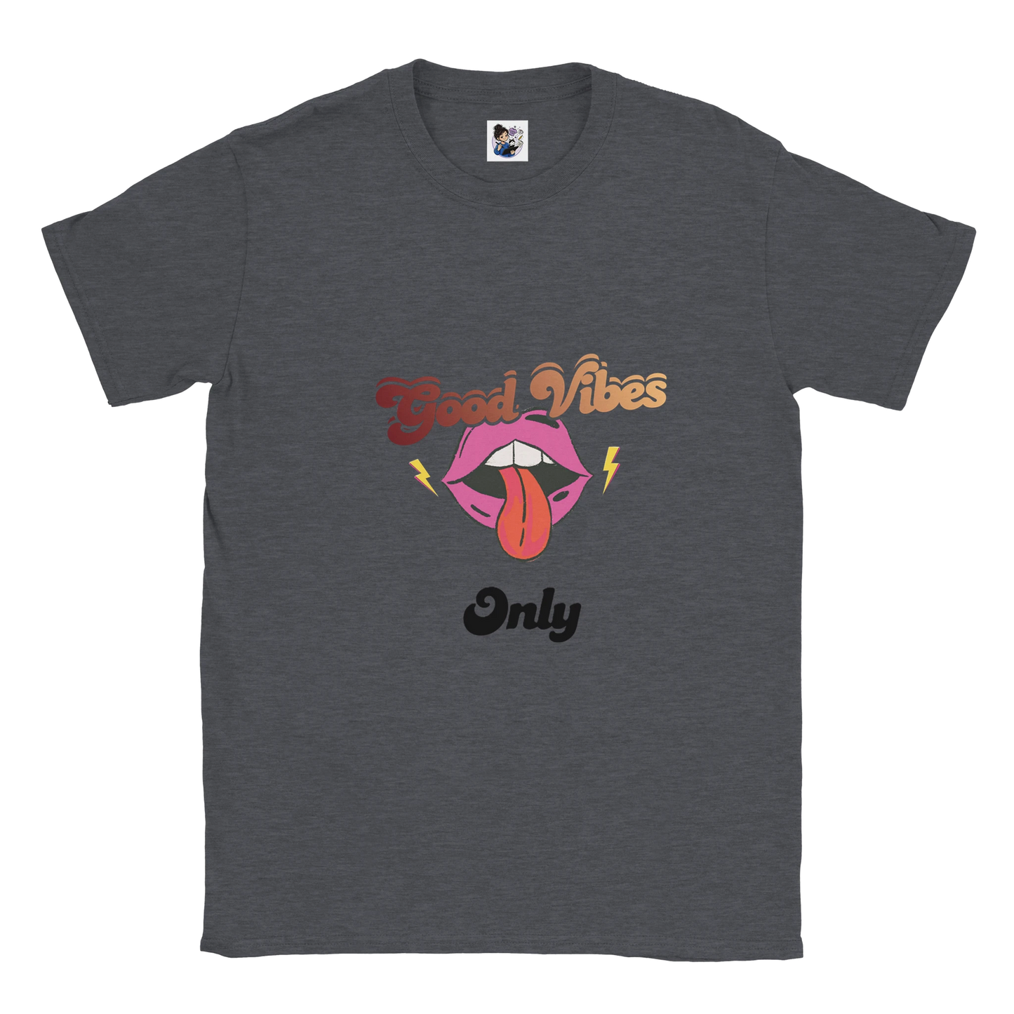Good Vibes Only punk t-shirt featuring retro 70s inspired graphic artwork with colourful vintage design.